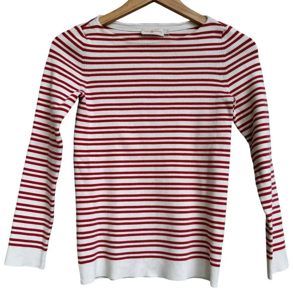 Tory Burch Ribbed Knit Striped Top Size S Cream color with Burnt Orange Stripes - Picture 1 of 6